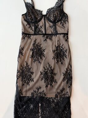 Lulu's Black Lace Overlay Midi Dress with Nude Underlay